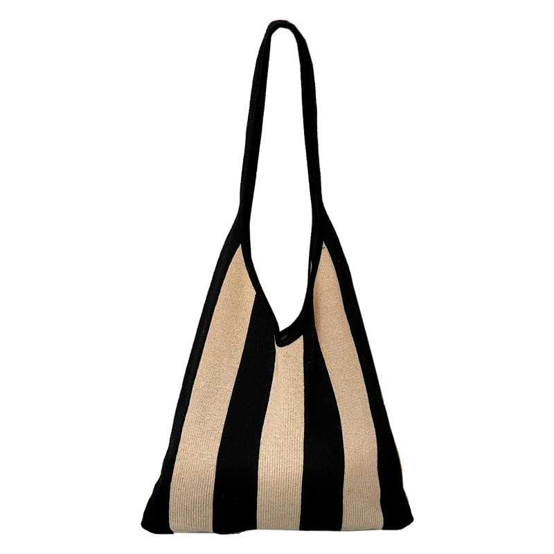 ENBEI The tote bags for women aesthetic Shoulder HandbagsShoulder Shopping Bag crocheted Bags large large tote Bag cute (Black khaki stripes) - Image 1