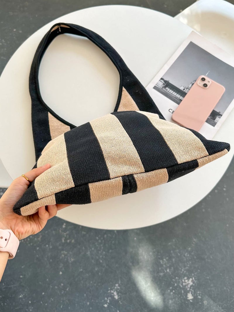 ENBEI The tote bags for women aesthetic Shoulder HandbagsShoulder Shopping Bag crocheted Bags large large tote Bag cute (Black khaki stripes) - Image 2