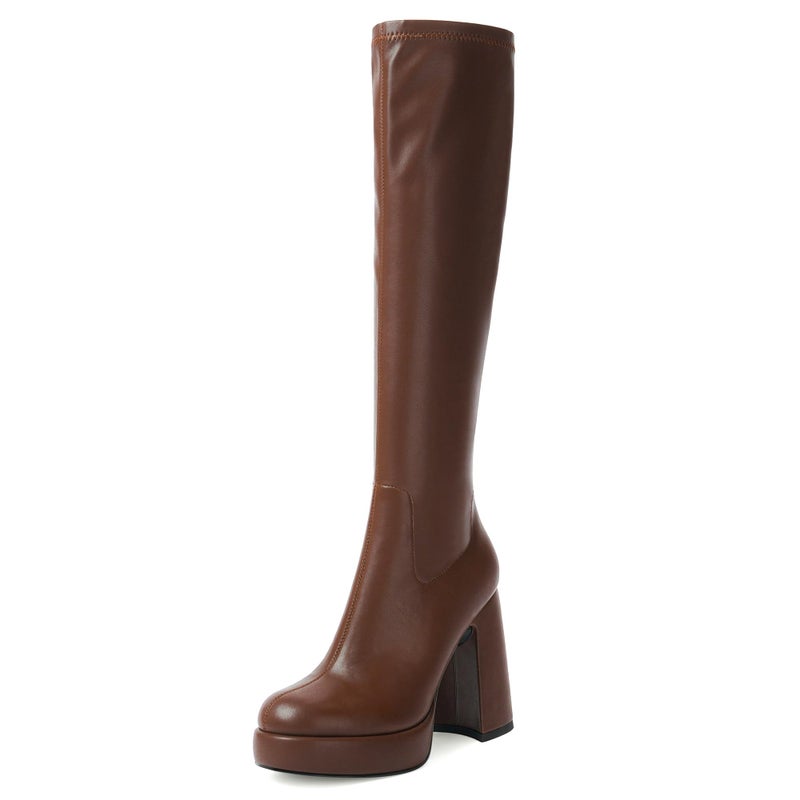 Modatope Womens Platform Boots Knee High Chunky Heel Brown Boots for Women Rounded Toe Side Zipper Womens Tall Boots Size 9 - Image 1