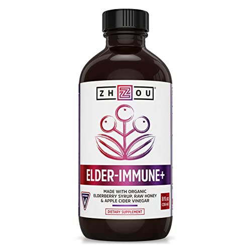 Zhou Zhou Nutrition ElderMune Syrup Organic Black Elderbery Syrup for Adults Immune Support Elixir with Apple Cider Vinegar Echinacea Tincture Natural Wellness 8 Fl Oz Glass Bottle