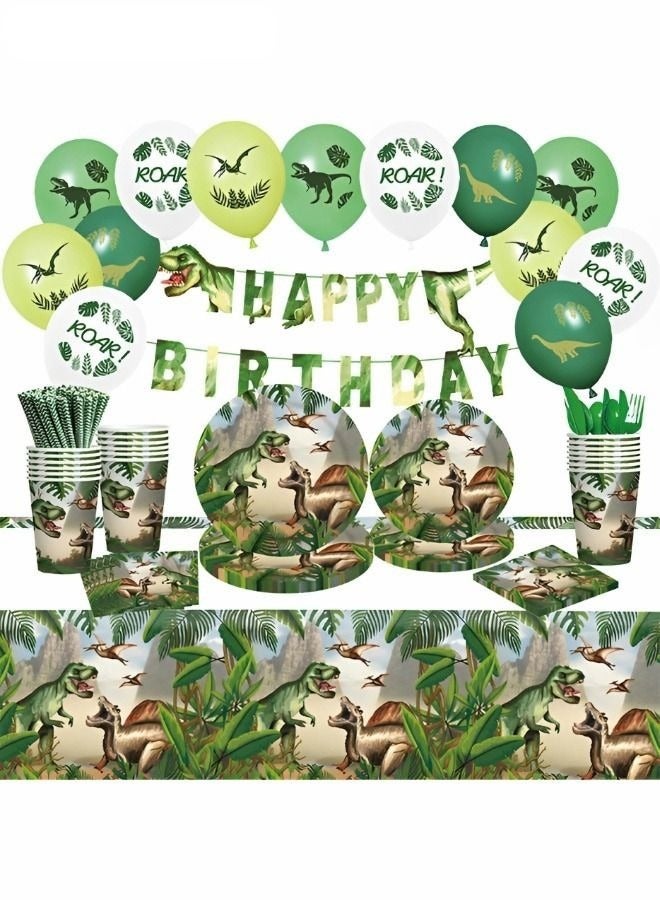 MIXDE 94-Pieces Dinosaur Party Decorations Including Hanging Banner, Tablecloth, Plates and Napkins Set - Image 1