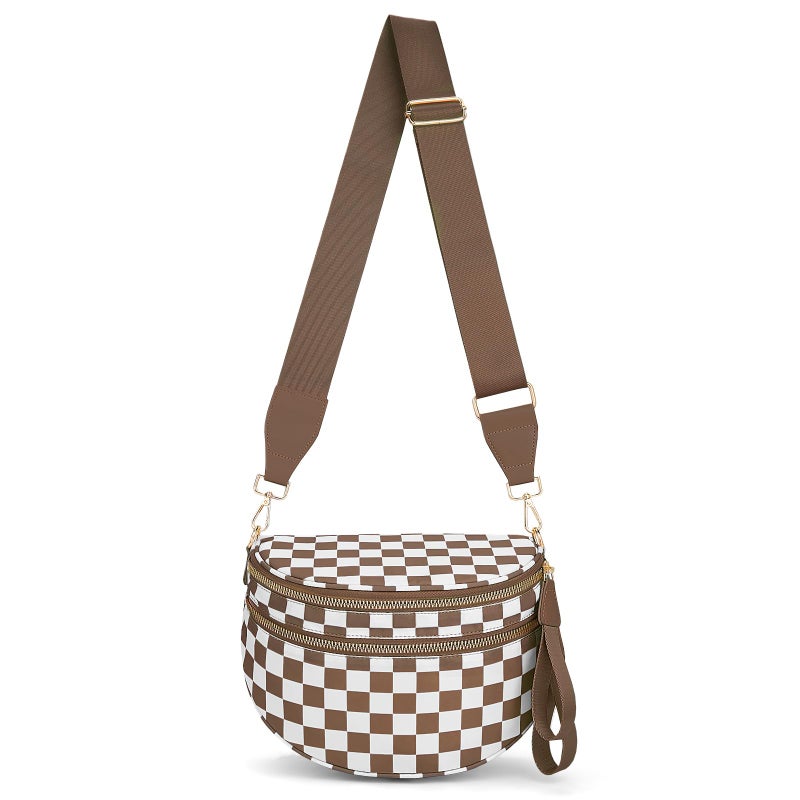 Lushandy Bum Bag Women's Checkered Crossbody Bag Nylon Cross Body Bags Plaid Mom Everyday Purse for Travel (Checkered Brown) - Image 1