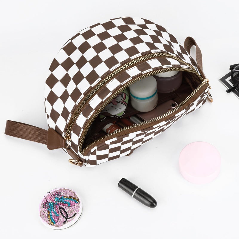 Lushandy Bum Bag Women's Checkered Crossbody Bag Nylon Cross Body Bags Plaid Mom Everyday Purse for Travel (Checkered Brown) - Image 3