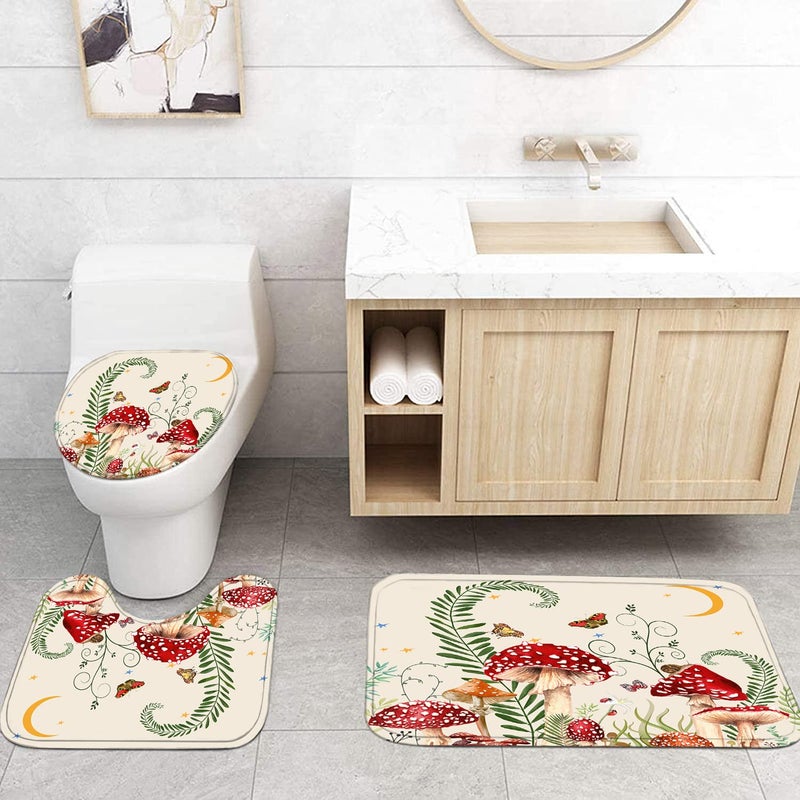 jieprom 4PCS Mushroom Butterfly Flower Shower Curtain Set with Non-Slip Rugs  Toilet Lid Cover and Bath Mat  Moon Stars Shower Curtain with 12 Hooks  Durable Waterproof Retro Bathroom Decor Set - Image 3