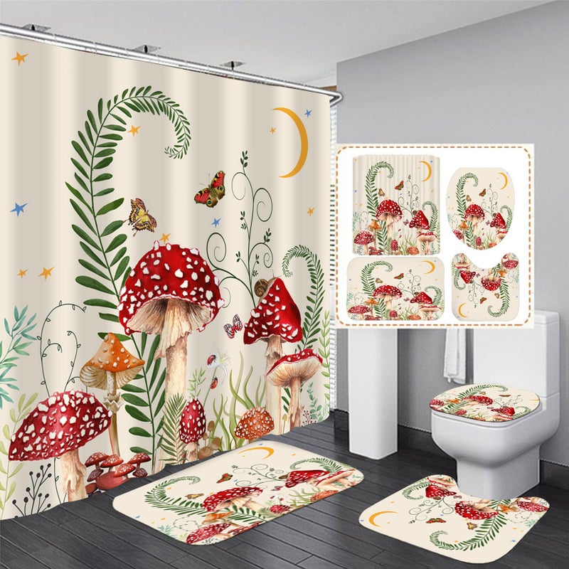 jieprom 4PCS Mushroom Butterfly Flower Shower Curtain Set with Non-Slip Rugs  Toilet Lid Cover and Bath Mat  Moon Stars Shower Curtain with 12 Hooks  Durable Waterproof Retro Bathroom Decor Set - Image 2