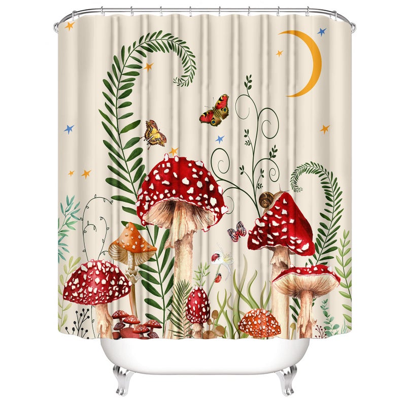 jieprom 4PCS Mushroom Butterfly Flower Shower Curtain Set with Non-Slip Rugs  Toilet Lid Cover and Bath Mat  Moon Stars Shower Curtain with 12 Hooks  Durable Waterproof Retro Bathroom Decor Set - Image 4