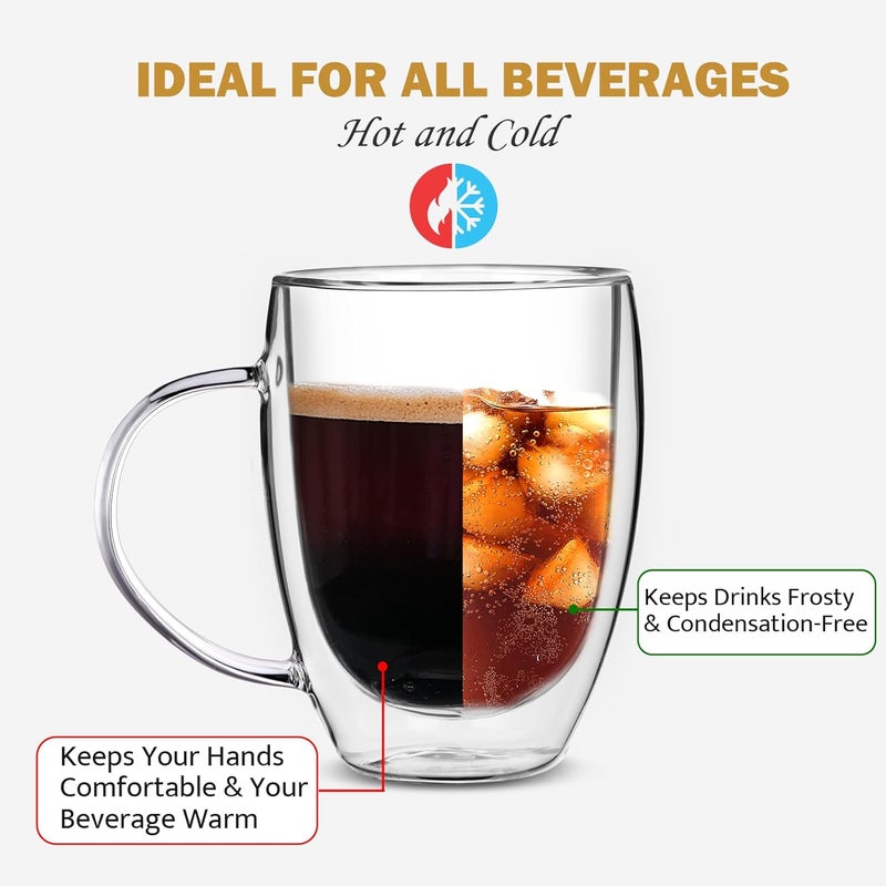 FULGNU Double Wall Glass Coffee Mugs, 12 Oz Clear Coffee Mugs with Handle, Insulated Glass Coffee Mugs Set of 2, Perfect for Espresso, Cappuccino, Latte, Americano, Tea Bag, Beverage - Image 3