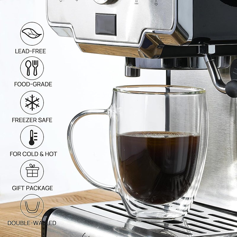 FULGNU Double Wall Glass Coffee Mugs, 12 Oz Clear Coffee Mugs with Handle, Insulated Glass Coffee Mugs Set of 2, Perfect for Espresso, Cappuccino, Latte, Americano, Tea Bag, Beverage - Image 2