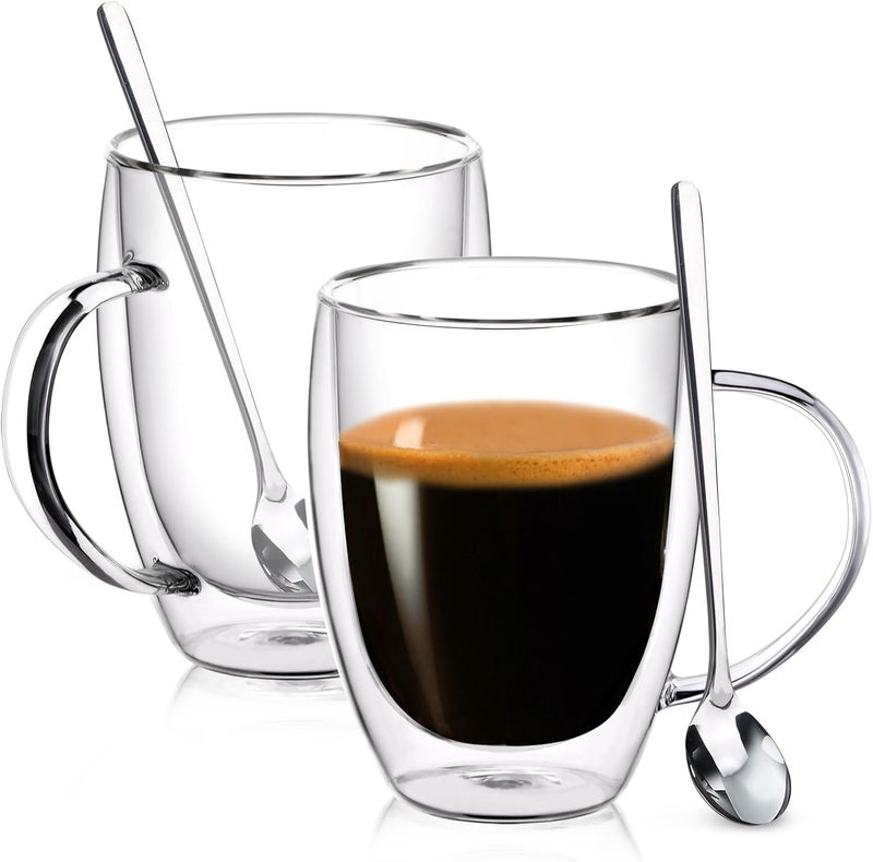 FULGNU Double Wall Glass Coffee Mugs, 12 Oz Clear Coffee Mugs with Handle, Insulated Glass Coffee Mugs Set of 2, Perfect for Espresso, Cappuccino, Latte, Americano, Tea Bag, Beverage - Image 1