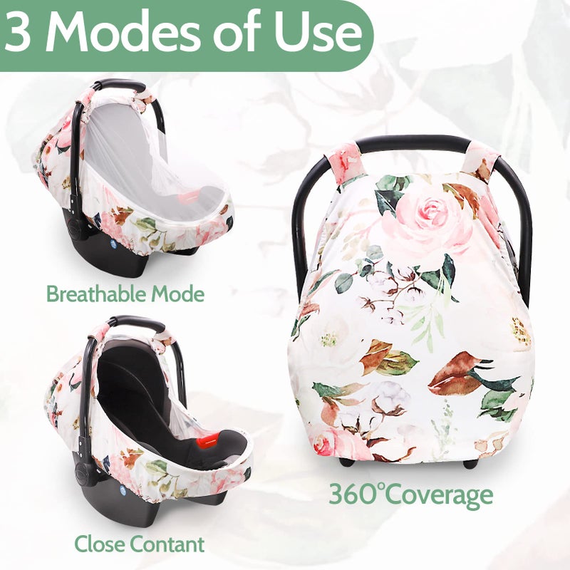 DILIMI Car Seat Covers For Babies Girl Boy  Cozy Sun & Bug Cover  Infant Carseat Canopy Newborn Stroller Carrier Cover With Breathable Zipper Peep Window  Watercolor Pink Flower - Image 4
