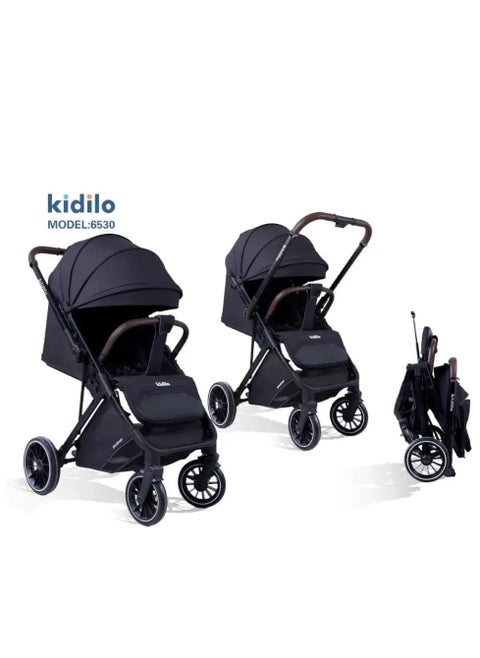 Kidilo Baby Stroller 6530 – Comfortable and Practical Stroller with One-Hand Fold, Reversible Handle, and Adjustable Backrest (Black)
