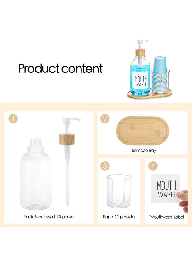 Tbestmax Mouthwash Dispenser with Cup Holder, Plastic Mouth Wash Pump Bottle with Tray for Bathroom Organizers, 17oz Refillable Clear Mouthwash Container - Bamboo - Image 2