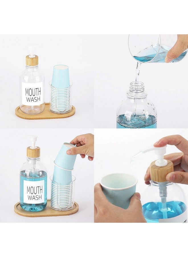 Tbestmax Mouthwash Dispenser with Cup Holder, Plastic Mouth Wash Pump Bottle with Tray for Bathroom Organizers, 17oz Refillable Clear Mouthwash Container - Bamboo - Image 4