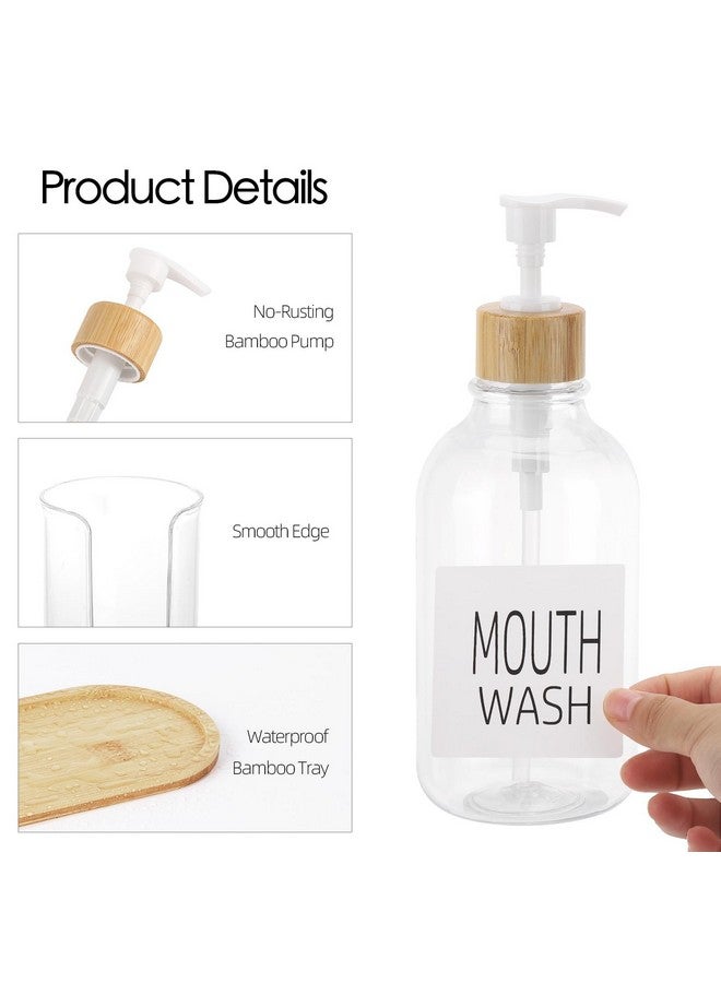 Tbestmax Mouthwash Dispenser with Cup Holder, Plastic Mouth Wash Pump Bottle with Tray for Bathroom Organizers, 17oz Refillable Clear Mouthwash Container - Bamboo - Image 3