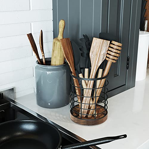 WILDMOS Utensil Holder for Kitchen Counter,Black Wire with Wooden Base Countertop Utensil Holder, Large Wooden Cooking Utensil Holder, Kitchen Utensil Organizer. - Image 5