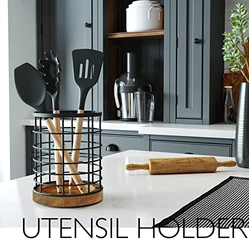 WILDMOS Utensil Holder for Kitchen Counter,Black Wire with Wooden Base Countertop Utensil Holder, Large Wooden Cooking Utensil Holder, Kitchen Utensil Organizer. - Image 4