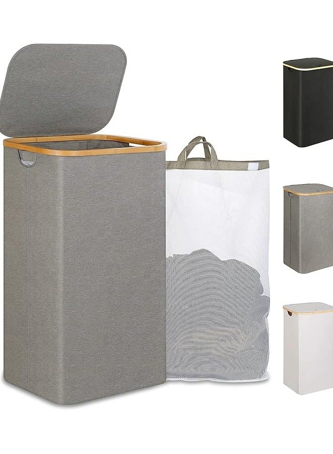 Arabest سلة غسيل قابلة للطي، سلة غسيل طويلة مع غطاء، سلة غسيل كبيرة بسعة 110 لتر مع مقبض، منظم سلة ملابس قابلة للطي مع حقيبة داخلية قابلة للإزالة لملابس وألعاب ومناشف (رمادي) - Image 1