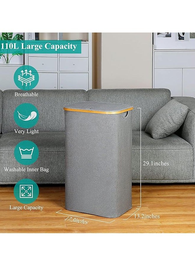 Arabest سلة غسيل قابلة للطي، سلة غسيل طويلة مع غطاء، سلة غسيل كبيرة بسعة 110 لتر مع مقبض، منظم سلة ملابس قابلة للطي مع حقيبة داخلية قابلة للإزالة لملابس وألعاب ومناشف (رمادي) - Image 3