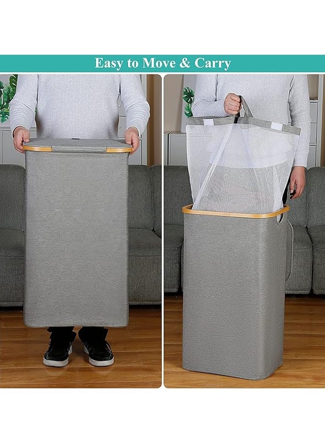 Arabest سلة غسيل قابلة للطي، سلة غسيل طويلة مع غطاء، سلة غسيل كبيرة بسعة 110 لتر مع مقبض، منظم سلة ملابس قابلة للطي مع حقيبة داخلية قابلة للإزالة لملابس وألعاب ومناشف (رمادي) - Image 2