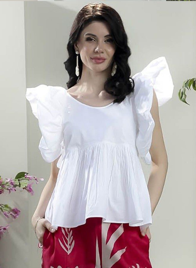 Athena White Scoop Neck Top With Fuchsia Printed Trousers For Women - Image 2