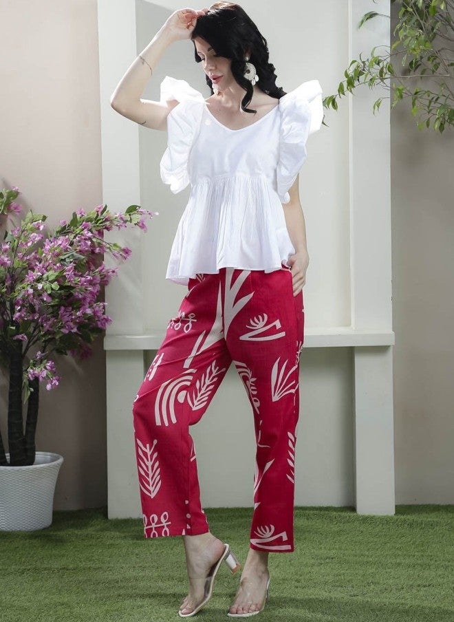 Athena White Scoop Neck Top With Fuchsia Printed Trousers For Women - Image 4