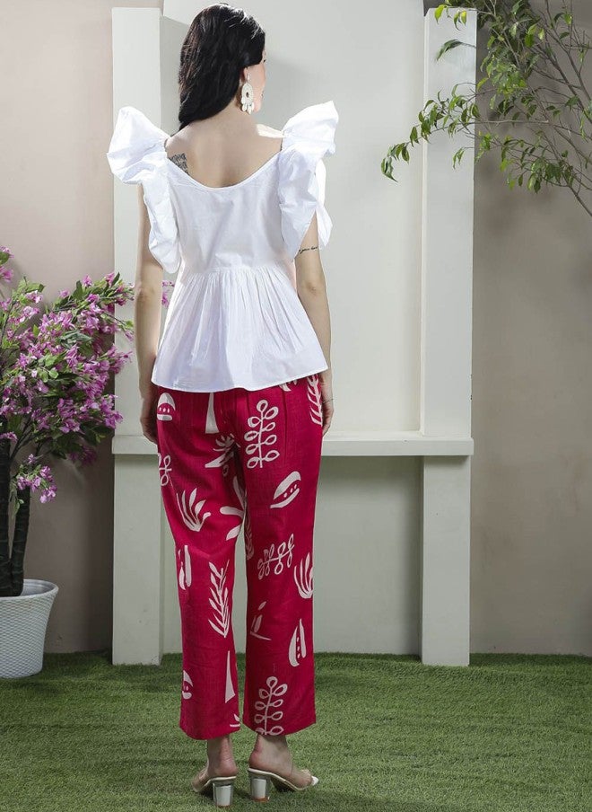 Athena White Scoop Neck Top With Fuchsia Printed Trousers For Women - Image 5