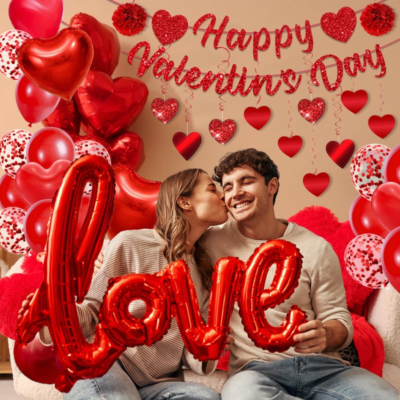 TEMYAXU Valnetines Day Decorations  With Red Heart Balloons Love Balloon Rose Petals Heart Hanging Hanging Swirls For Wedding Anniversary Valentines Day Balloons For Romantic Home Hotel Bedroom Decorations - Image 2