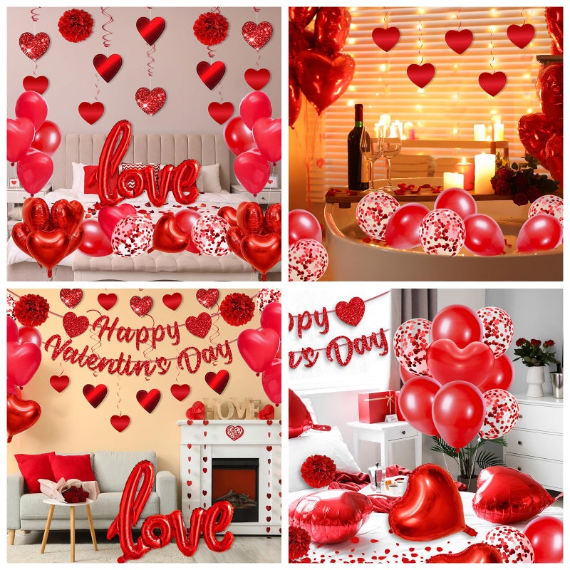 TEMYAXU Valnetines Day Decorations  With Red Heart Balloons Love Balloon Rose Petals Heart Hanging Hanging Swirls For Wedding Anniversary Valentines Day Balloons For Romantic Home Hotel Bedroom Decorations - Image 3
