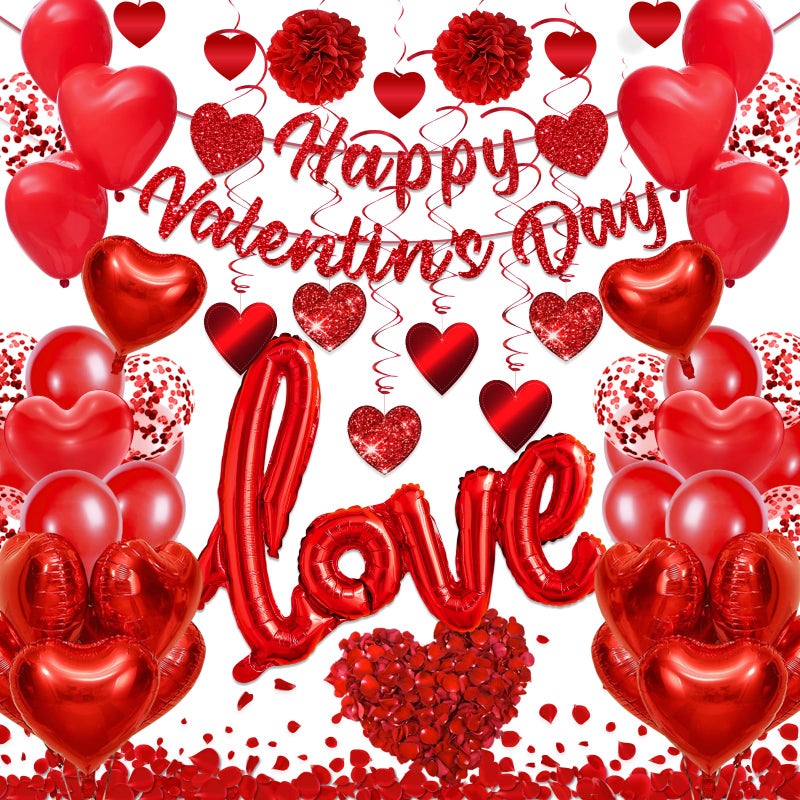 TEMYAXU Valnetines Day Decorations  With Red Heart Balloons Love Balloon Rose Petals Heart Hanging Hanging Swirls For Wedding Anniversary Valentines Day Balloons For Romantic Home Hotel Bedroom Decorations - Image 1