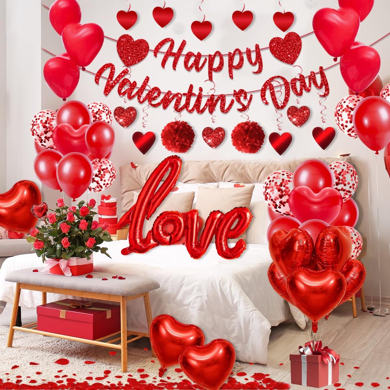 TEMYAXU Valnetines Day Decorations  With Red Heart Balloons Love Balloon Rose Petals Heart Hanging Hanging Swirls For Wedding Anniversary Valentines Day Balloons For Romantic Home Hotel Bedroom Decorations - Image 4