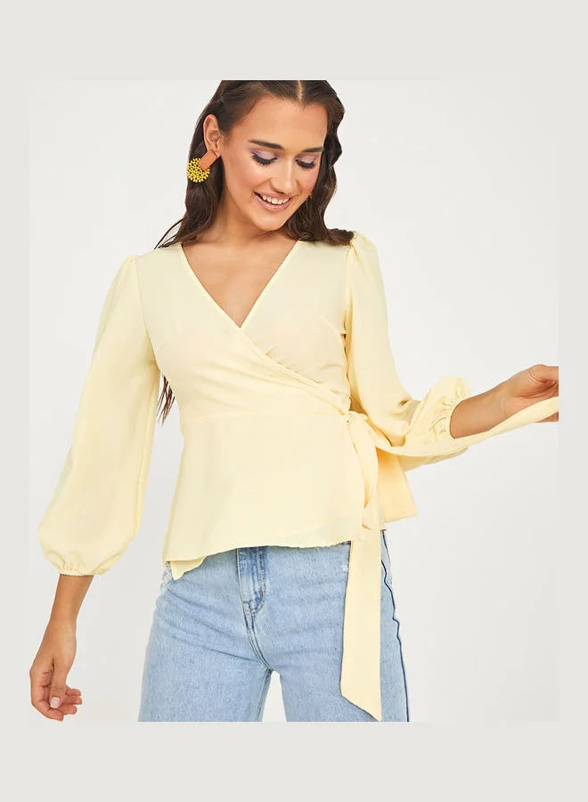 Styli Solid Long Sleeves Wrap Top