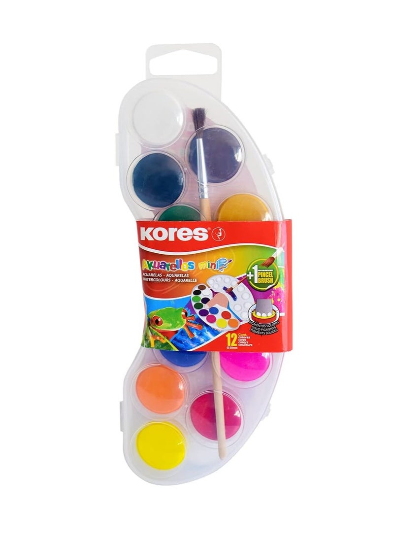 Kores Akuarellos "Mini" with 12 colours Contains 1 free brush Ideal for school and leisure time Practical lid with mixing areas to mix individual colours MK30101  - Image 1