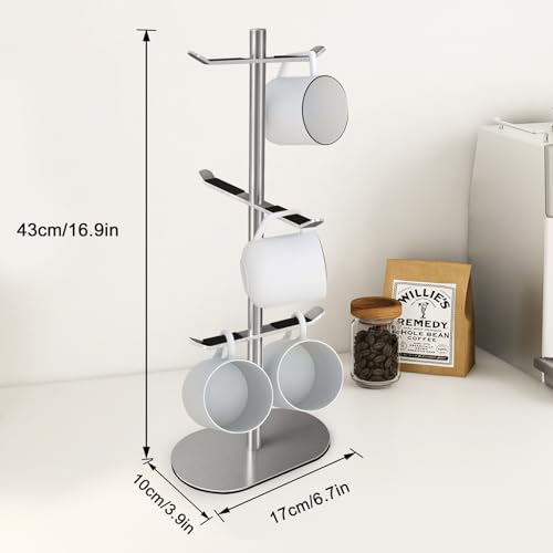 XEENEW Mug Holder Tree, Coffee Cup Holder with 6 Hooks, Coffee Mug Rack, Metal Mug Tree for Counter, Mug Holder Stand Coffee Mug Hanger(Brushed Nickel) - Image 4