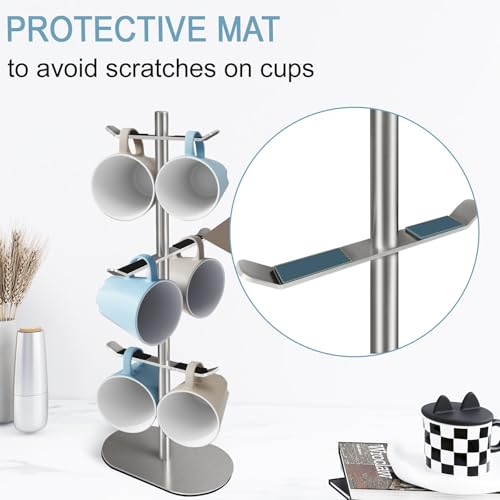 XEENEW Mug Holder Tree, Coffee Cup Holder with 6 Hooks, Coffee Mug Rack, Metal Mug Tree for Counter, Mug Holder Stand Coffee Mug Hanger(Brushed Nickel) - Image 3
