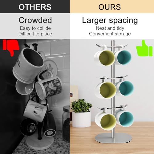 XEENEW Mug Holder Tree, Coffee Cup Holder with 6 Hooks, Coffee Mug Rack, Metal Mug Tree for Counter, Mug Holder Stand Coffee Mug Hanger(Brushed Nickel) - Image 5