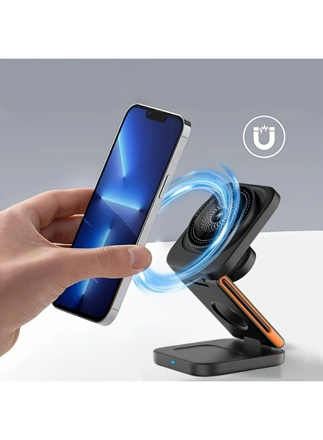 TREYO 3-in-1 Magnetic Wireless Charger | Simultaneous Charging for Phone, Earbuds & Watch | Foldable Stand with Adapter Storage - Image 2