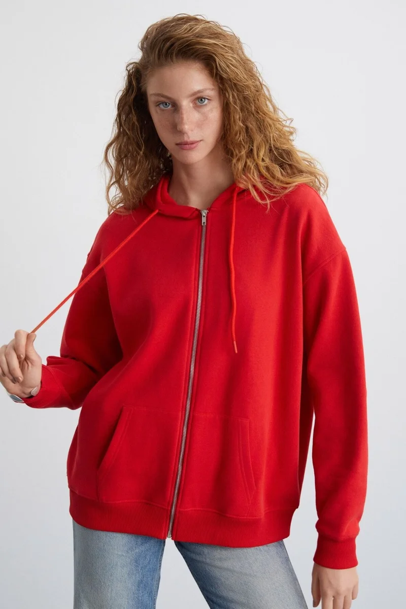 GRIMELANGE Alena Women's Oversize Organic Cotton Metal Zipper Hooded Fleece Inside Red Sweatshirt