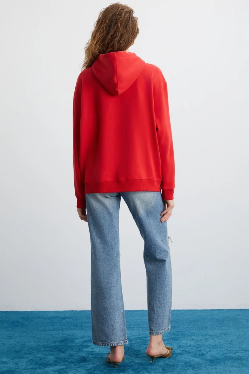 GRIMELANGE Alena Women's Oversize Organic Cotton Metal Zipper Hooded Fleece Inside Red Sweatshirt