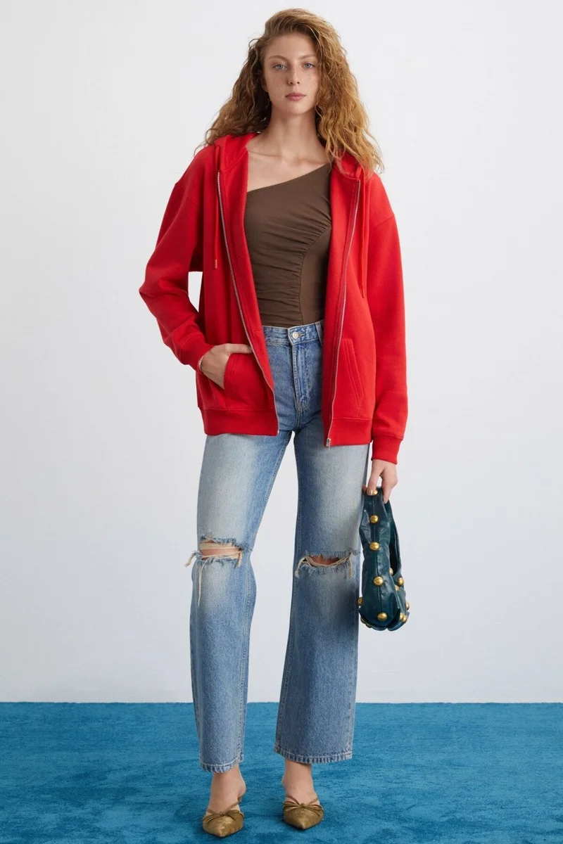 GRIMELANGE Alena Women's Oversize Organic Cotton Metal Zipper Hooded Fleece Inside Red Sweatshirt