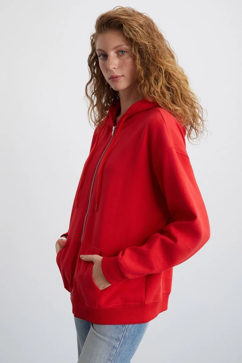 GRIMELANGE Alena Women's Oversize Organic Cotton Metal Zipper Hooded Fleece Inside Red Sweatshirt