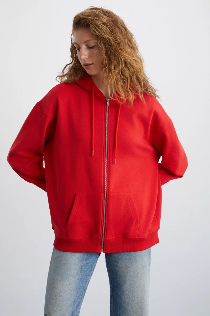 GRIMELANGE Alena Women's Oversize Organic Cotton Metal Zipper Hooded Fleece Inside Red Sweatshirt