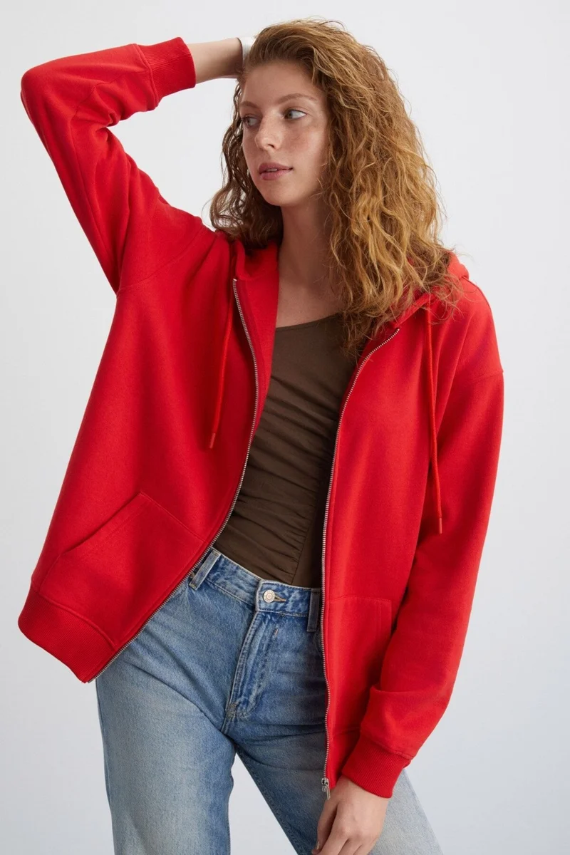 GRIMELANGE Alena Women's Oversize Organic Cotton Metal Zipper Hooded Fleece Inside Red Sweatshirt