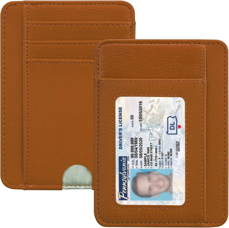 Hot Cool Slim Wallet for Men, Minimalist Front Pocket Simple Leather Credit Card Holder RFID Blocking for Men & Women, Thin Organizer Gifts, Litchi - Brown - Image 1