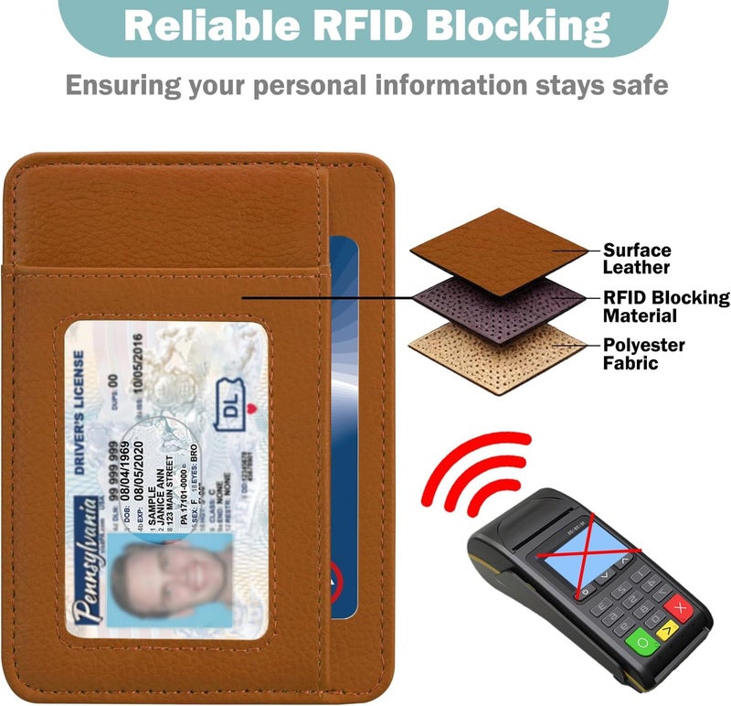 Hot Cool Slim Wallet for Men, Minimalist Front Pocket Simple Leather Credit Card Holder RFID Blocking for Men & Women, Thin Organizer Gifts, Litchi - Brown - Image 4