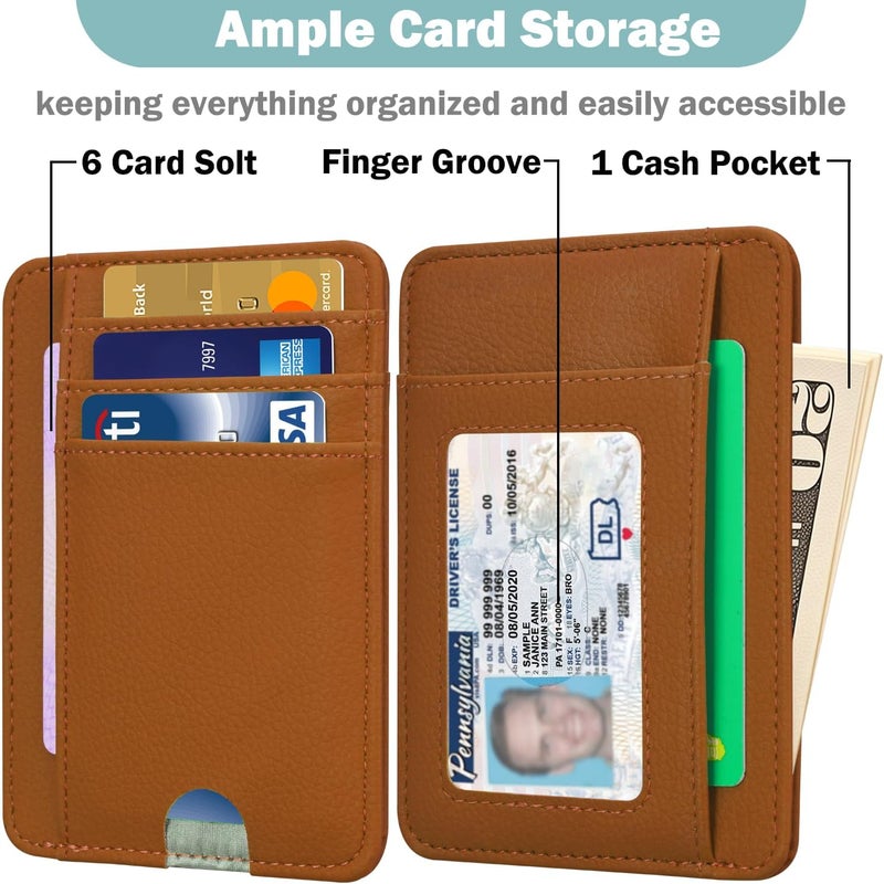 Hot Cool Slim Wallet for Men, Minimalist Front Pocket Simple Leather Credit Card Holder RFID Blocking for Men & Women, Thin Organizer Gifts, Litchi - Brown - Image 2