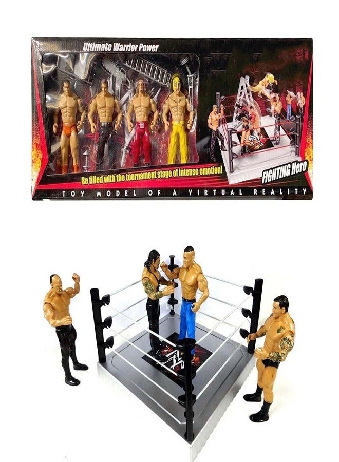 WWe Warrior Wrestling Action Figures Set – Pack of 4 Fighters with Ring & Battle Accessories for Kids