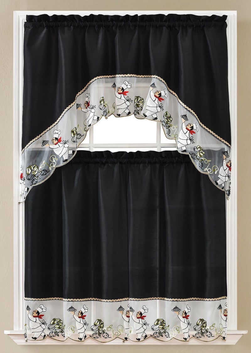 GLORY RUGS 3pc Peacock Black Chef Kitchen Curtain and Valance Set â€“ 1 Swag Valance and 2 Tiers (30"x36" Each), Valance (60"x36")