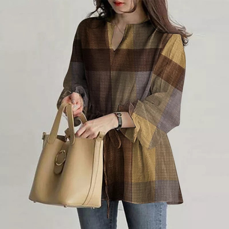 2026 وعبر الحدود النساء الجرس الأكمام Plaid أول مكتب فضفاضة التركيب قميص أعلى - Image 3