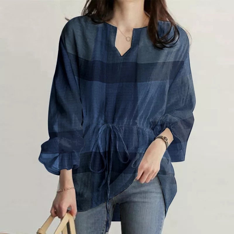 2026 وعبر الحدود النساء الجرس الأكمام Plaid أول مكتب فضفاضة التركيب قميص أعلى - Image 5
