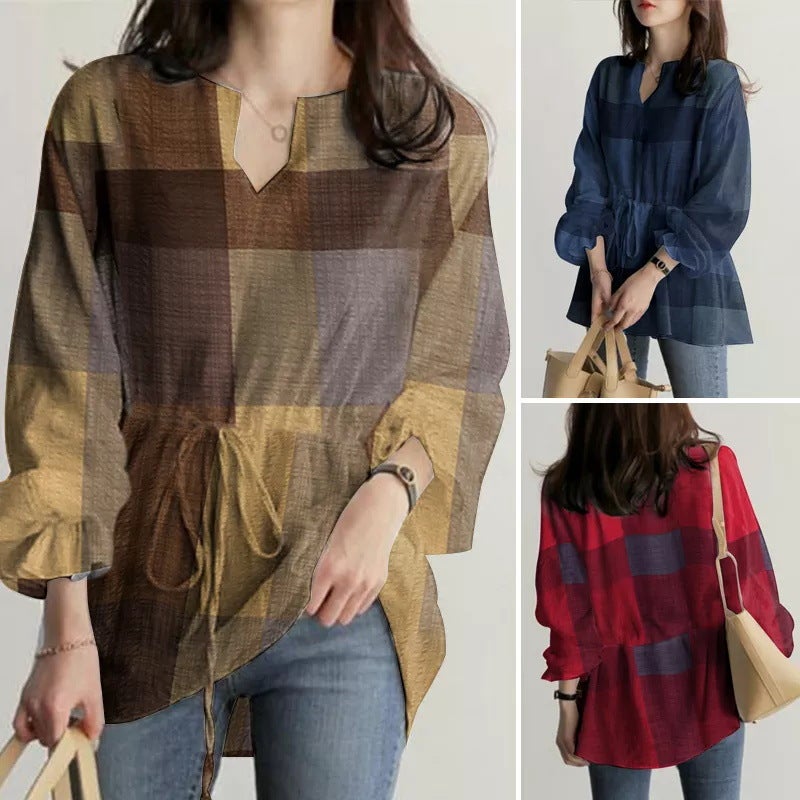2026 وعبر الحدود النساء الجرس الأكمام Plaid أول مكتب فضفاضة التركيب قميص أعلى - Image 2